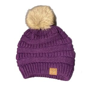 Purple Knit Beanie with Faux Fur Pom Pom CC Brand EUC